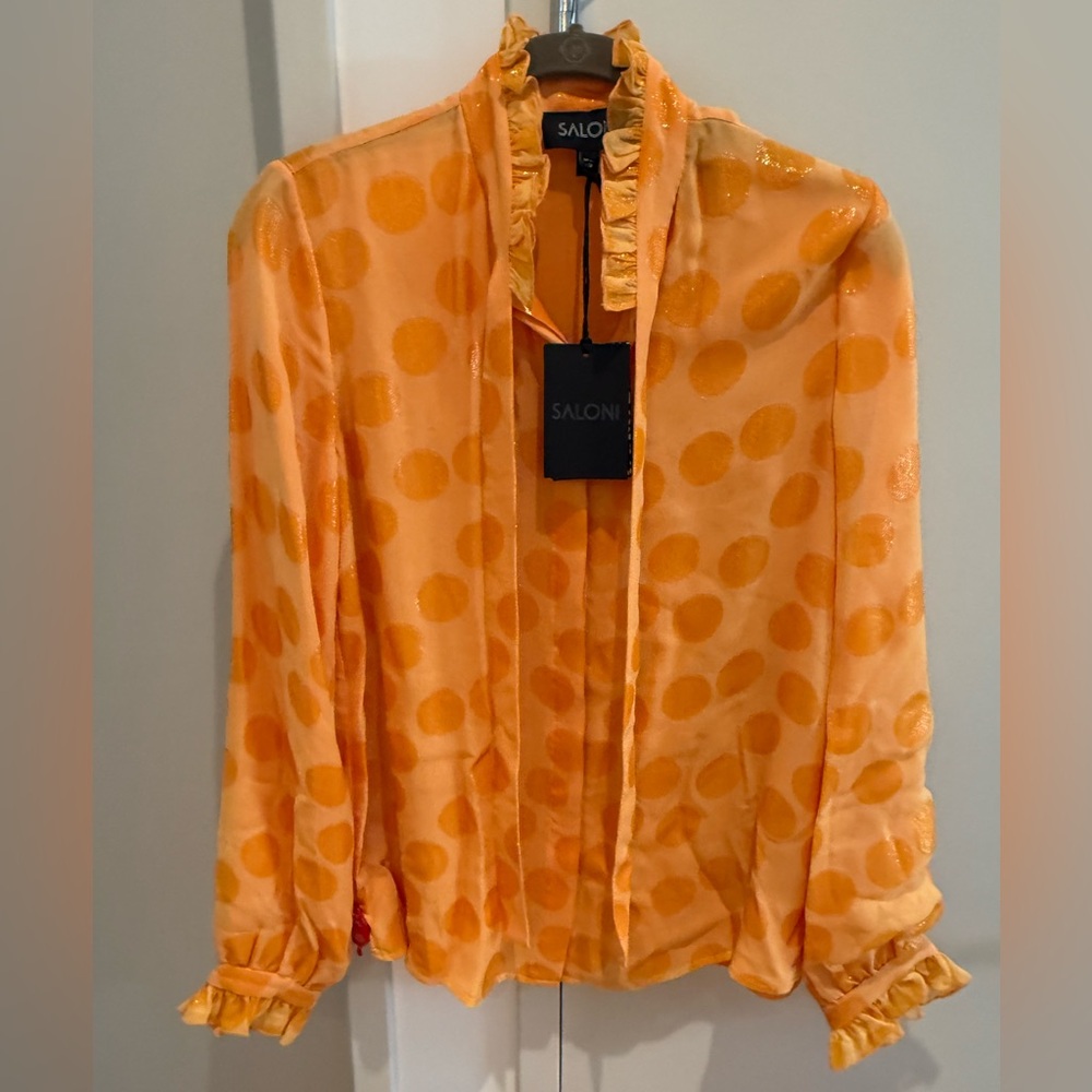 NWT SALONI Orange Polka Dot Silk and Nylon Long Sleeve Blouse - Size 0